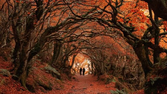 Path through autumnal woods with bare branches and orange leaves