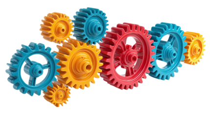 3D gear wheels in motion, symbolizing teamwork and mechanics, isolated on transparent background 