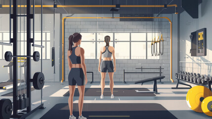 Fototapeta premium Two women training together in a modern gym setting