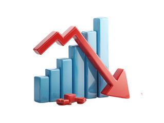 3D graph icon in cartoon plastic style, showing business failure with downward red arrow, isolated on transparent background 