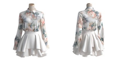ladies front and back of short very flared skirt and blouse designs on the dummy on white background
