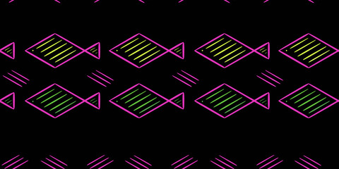 Creative seamless pattern with neon fish and stripes in vaporwave style on black – perfect for bold textile and background designs