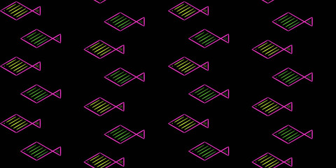 Seamless fish pattern with neon outlines and glowing stripes on dark background – fun, vibrant design for textiles or digital use