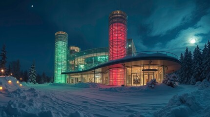 a futuristic glass building with two cylindrical towers glowing in red and green lights at night. AI Generative