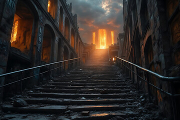 A dark, abandoned building with a staircase leading up to a tower. The staircase is covered in graffiti and the tower is lit up with a bright light. Scene is eerie and mysterious