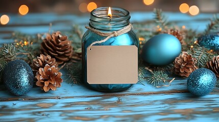 Teal Christmas decorations arranged on a rustic wooden surface.