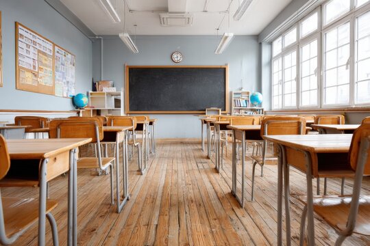Leeres Klassenzimmer mit Holzboden, Tafel und Schulm&ouml;beln &ndash; Lernumgebung in einer traditionellen Schule

