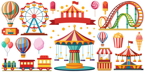 Amusement park flat vector set. Ferris wheel, roller coaster, carousel and train