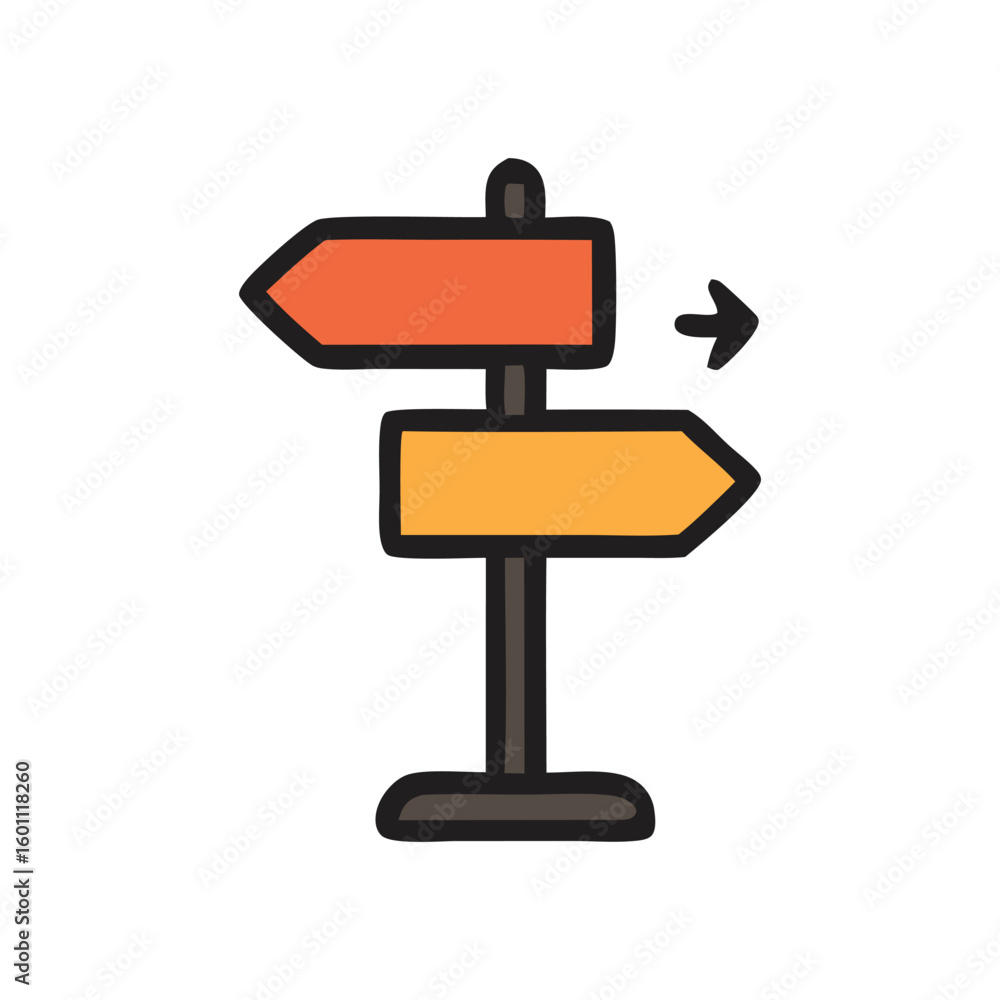 Poster colorful directional signpost with arrows indicating choices and guidance.
