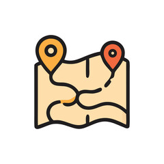 Colorful Map Illustration with Route and Location Pins.