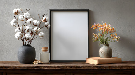 Minimalist 11x14 Black Frame Mockup with Cotton Stems and Rustic Vase on Wooden Table in Cozy Home Interior Setting