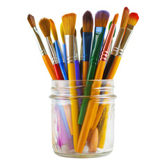 Fototapeta premium Colorful Paint Brushes in Glass Jar on Transparent Background