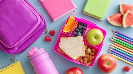 Colorful lunchbox with healthy snacks, fruits, and school supplies arranged on a blue background