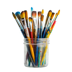 Colorful Paint Brushes in Glass Jar on Transparent Background