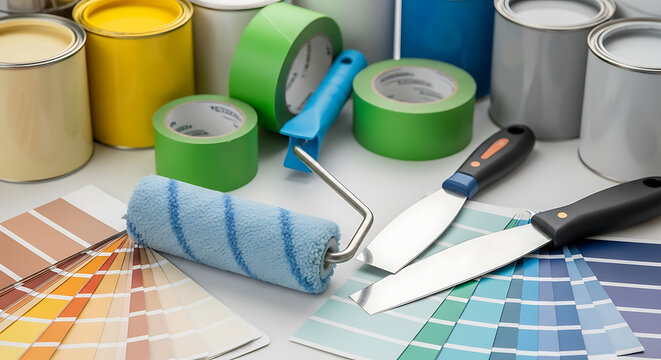 Assortment of painting supplies including paint cans roller tape and color swatches on a white surface ai generated