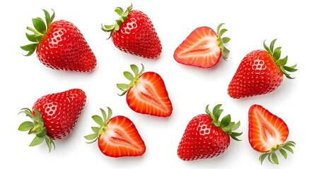 Fresh ripe strawberries scattered on a white background