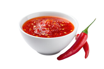 Chili Sauce A Spicy Condiment in a Bowl with Fresh Peppers on a Transparent Backdrop