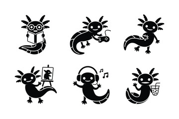 Axolotl characters reading playing painting listening music drinking book glasses