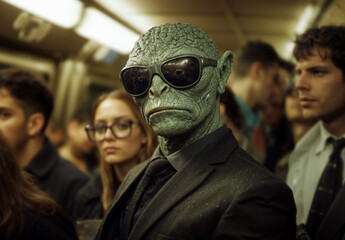 A highly detailed image of a reptilian humanoid disguised in a black suit and sunglasses, blending in among human commuters on a crowded subway train. 