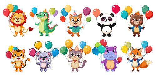 Animals with balloons vector flat set. Lion, panda, tiger, hippopotamus, crocodile, fox, koala, cat and bear