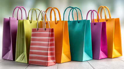Colorful shopping bags stand on wood floor. Concept: retail therapy, shopping spree. Suitable for marketing, advertising, web design.