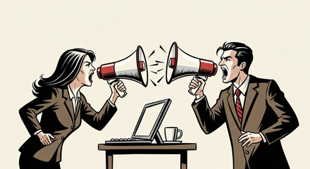 A metaphor for the inability to hear each other in a conflict situation. Two figures are shouting into megaphones, symbolizing an aggressive argument, lack of understanding, and communication barriers