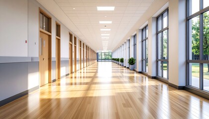 Empty school hallway with natural light
