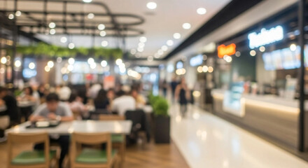 Fototapeta premium A blurred background of a bustling food court in a shopping mall, with various food stalls and seating areas