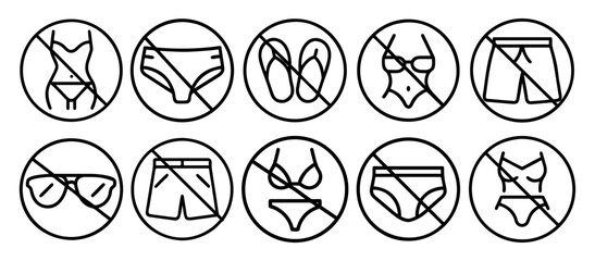 Beach ban signs icons set. Vector set of no nudity swimwear allowed icons