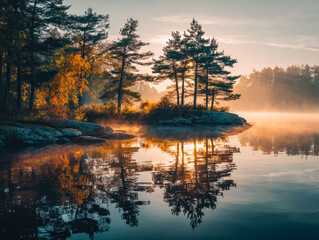 Fototapeta premium Serene early morning landscape with calm river and lush trees reflected in the water