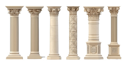 A set of columns with various shapes and styles, in a beige color on a white background, in a 3D illustration style, detailed and hyper-realistic, isolated on a white background, in PNG format.