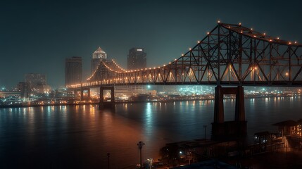 Fototapeta premium Modern illuminated city bridge glowing vibrantly under night sky