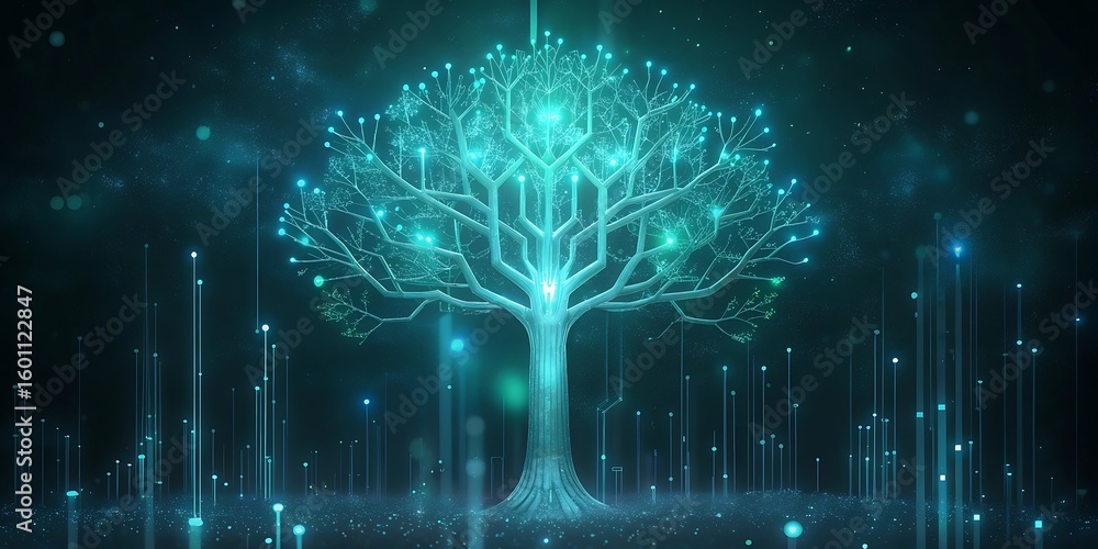 Aufkleber a luminous digital tree composed of glowing blue and green lights stands in a dark futuristic enviro