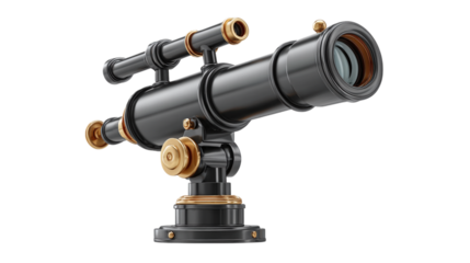 3D realistic cartoon telescope icon in black plastic style, astronomy or science tool, isolated on transparent background 