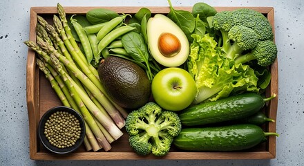 Fresh green vegetables and fruits in a wooden crate