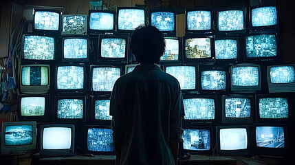 A Person Silhouetted, Contemplating a Wall of Static Television