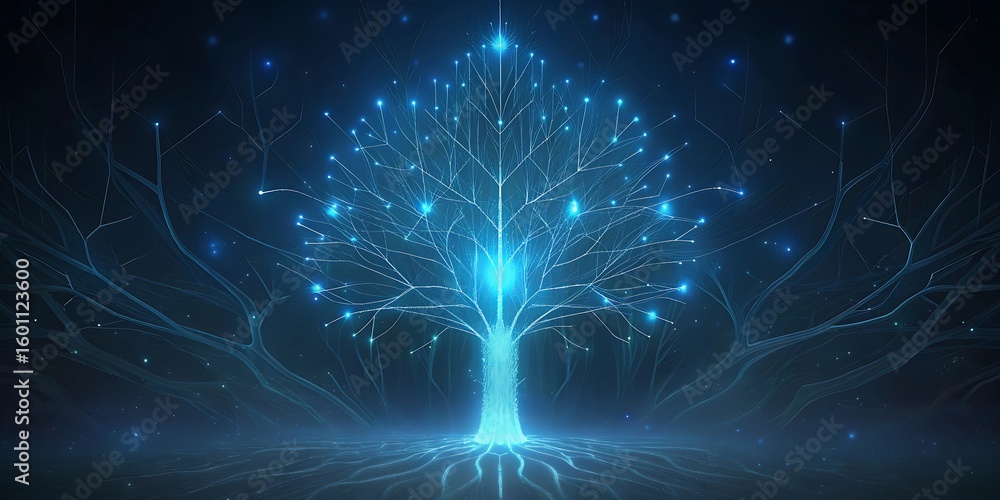 Aufkleber an illuminated digital tree with bright blue lights and intricate branches emanates from a glowing b