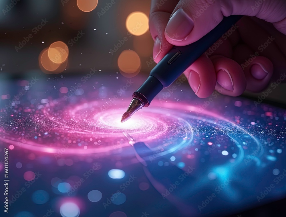 Poster digital design prodigy 3d illustrated digitalization a creative hand using a graphics tablet, showin