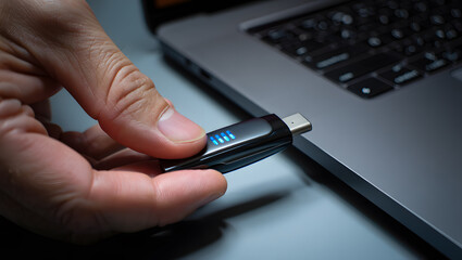 Modern Portable Charger Displayed Near a Laptop Keyboard Provides Power On the Go