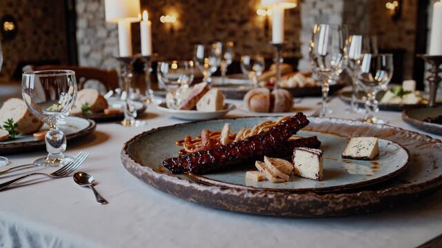 Romantic candlelit dining featuring gourmet dishes elegantly presented on a meticulously set table within historic tuscan castle stone walls. Embodying italian culinary excellence and intimate luxury