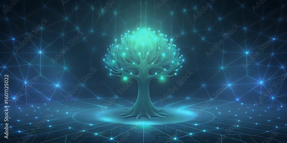 Poster a central digital tree with vibrant blue and green lights is surrounded by a complex network of glow