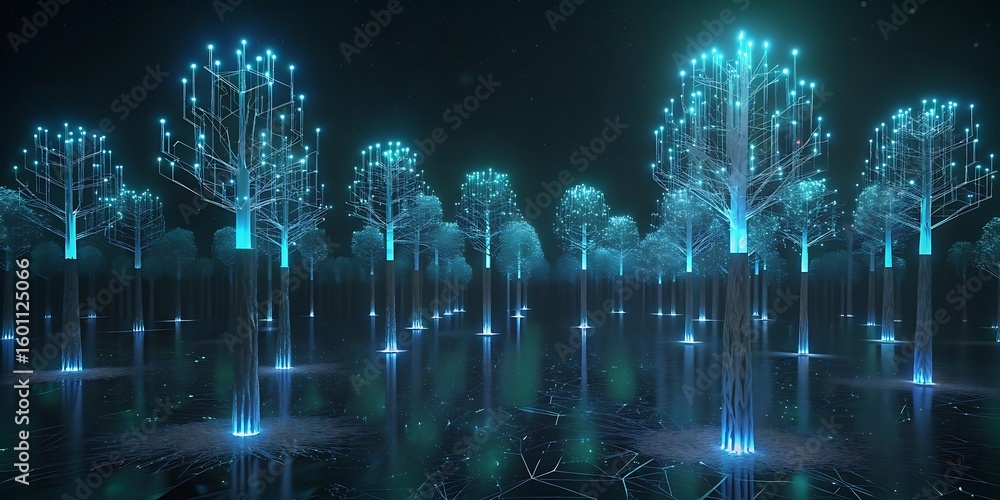 Poster a forest of digital trees with illuminated blue trunks and branches stands in a dark reflective envi