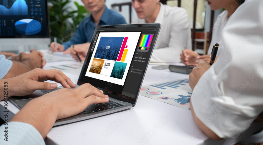 Aufkleber graphic designer software for modern design of web page and commercial brisk ads showing on the comp