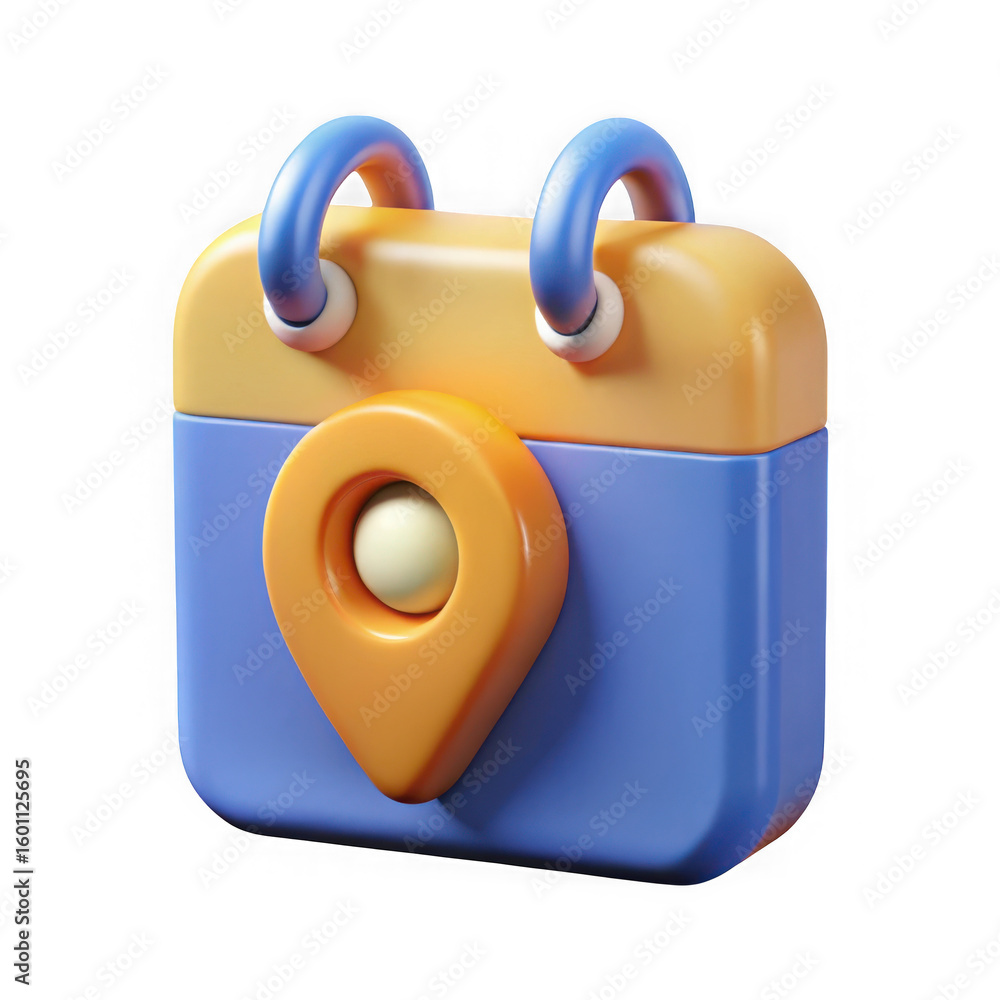 Poster 3d calendar icon with location pin and blue rings isolated on transparent background