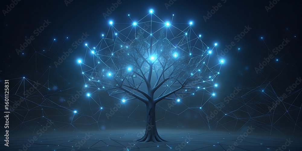 Poster a stylized tree composed of glowing blue light nodes and connecting lines represents a digital netwo