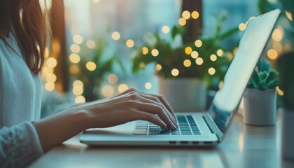 Woman Typing On Laptop In Office For Email, Spreadsheet, And Work Proposals. Bokeh Technology For Drafting, Note-Taking, And Report Writing Tasks.