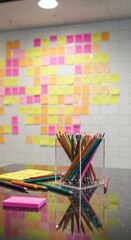 Colorful Pencils on Desk with Sticky Notes Wall, Brainstorming Session, Creativity, Planning, Office, Workplace, Business Ideas, Innovation