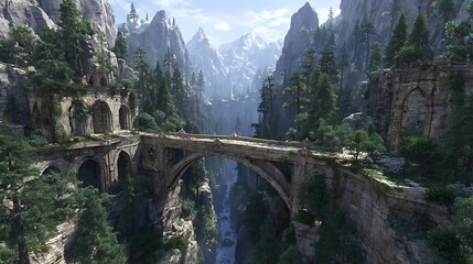 Suspension bridge between mountain cliffs with panoramic valley views