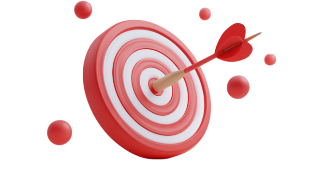 3D target with dart hitting the center, symbolizing success, cartoon plastic style, isolated on transparent background  - Powered by Adobe