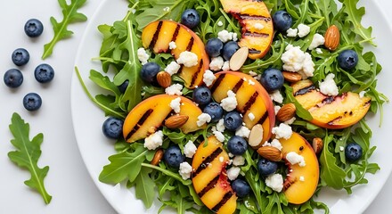 Grilled peach and blueberry salad with arugula and feta